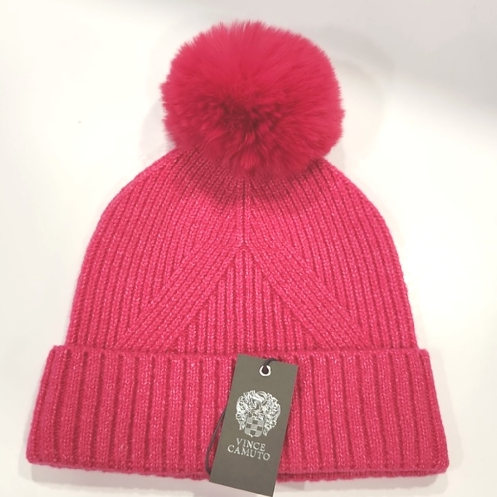 NWT Vince Camuto Pink Pom-Pom Knit Beanie Hat One Size